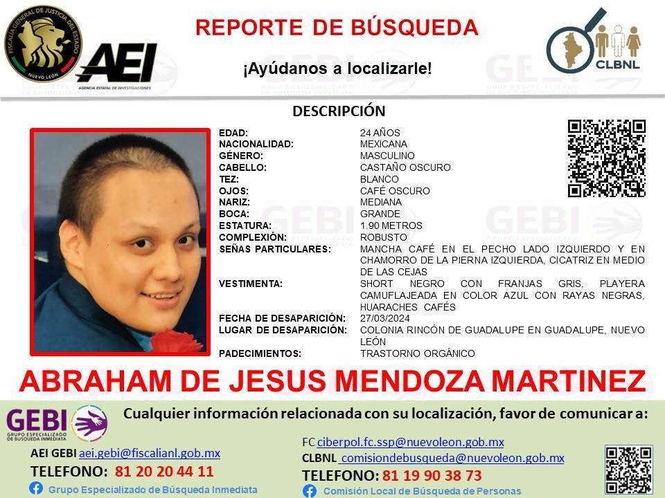 Abraham de Jesús Mendoza Martínez, tiene 24 años de edad y desapareció en Guadalupe. Foto: Fiscalía General de Justicia de Nuevo León