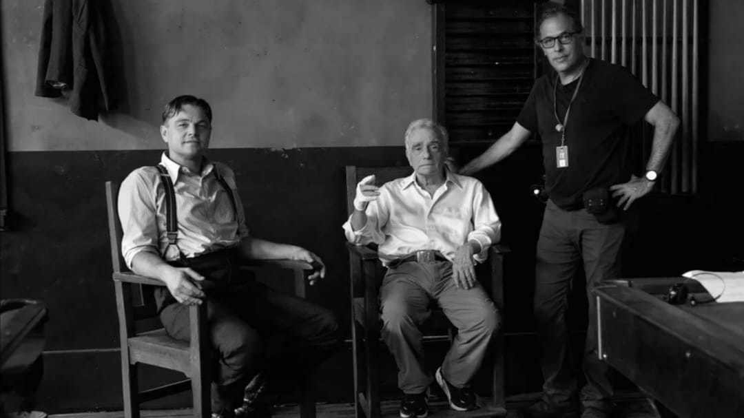 Rodrigo Prieto junto a Martin Scorsese y Leonardo DiCaprio en el set de 'Los Asesinos de la Luna'. Foto: Paramount Pictures
