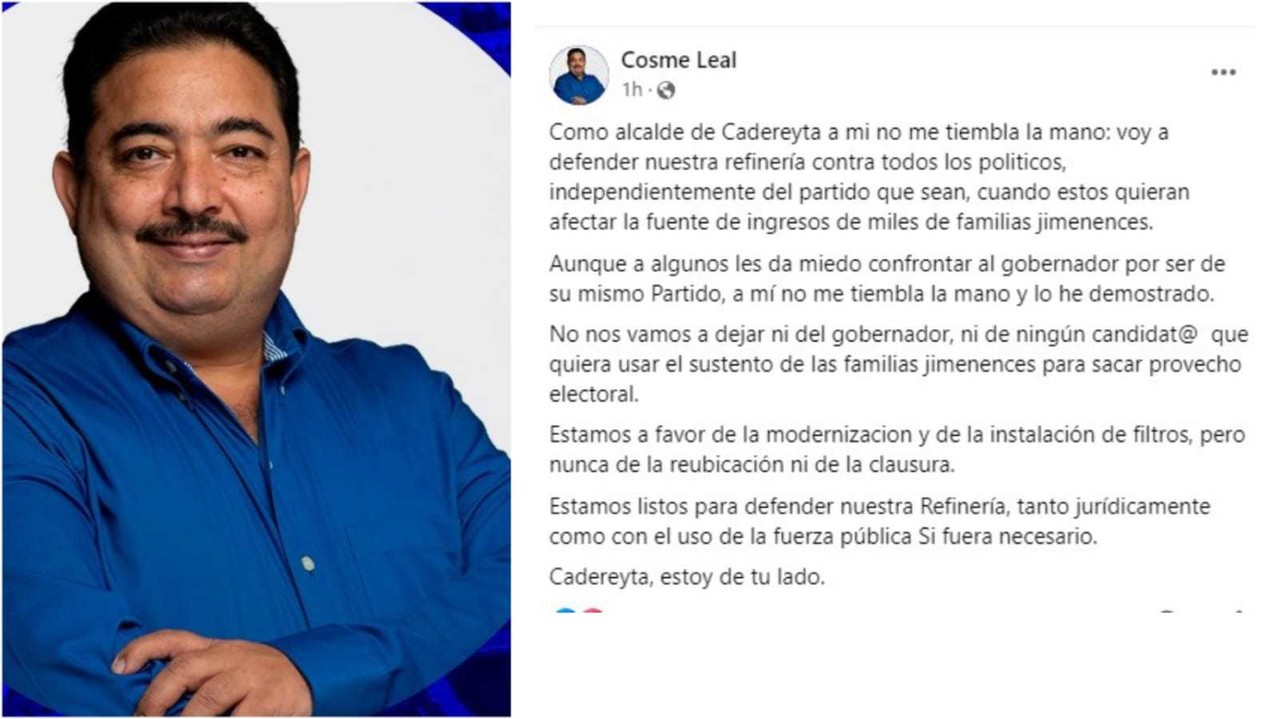 El alcalde de Cadereyta, Cosme Leal, defenderá la Refinería de Pemex contra cualquier amenaza política. Foto. Facebook