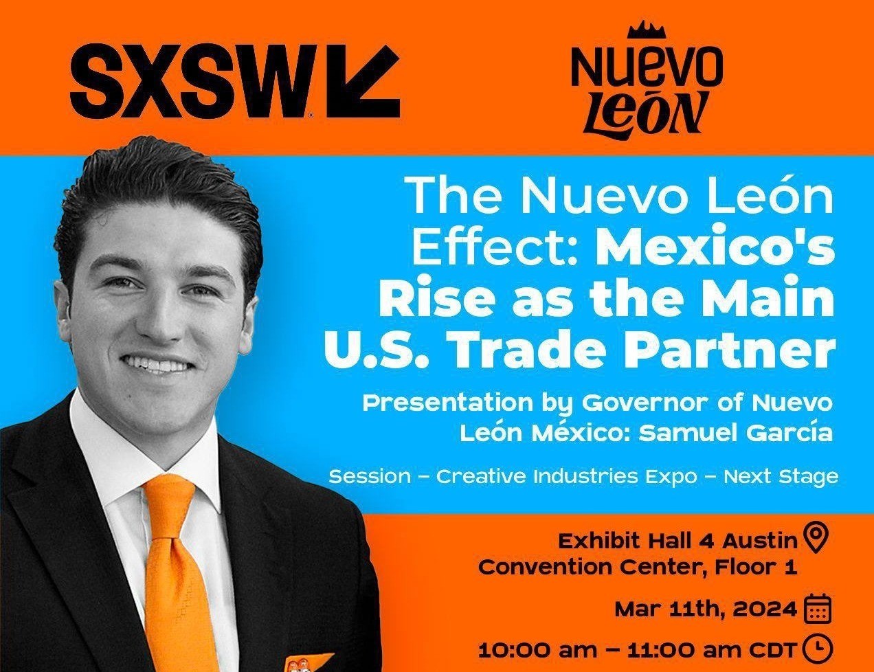 En dicho foro, García Sepúlveda formará parte de 'The Nuevo León Effect: Mexico´s Rise as the main U.S. Trade Partner'. Foto: X @samuel_garcias