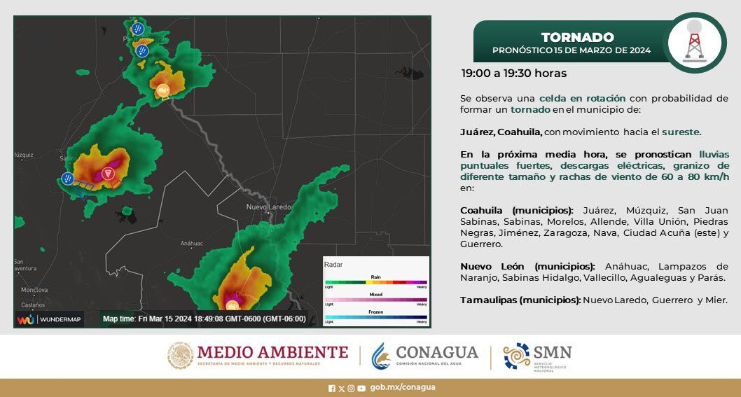 Alertan de posible tornado en Nuevo Laredo, Tamaulipas