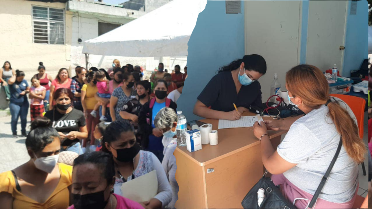 Tumulto de personas en Macro Brigada de la UAdeC y persona recibiendo servicios médicos / Foto: Coordinación General de Extensión Universitaria UAdeC