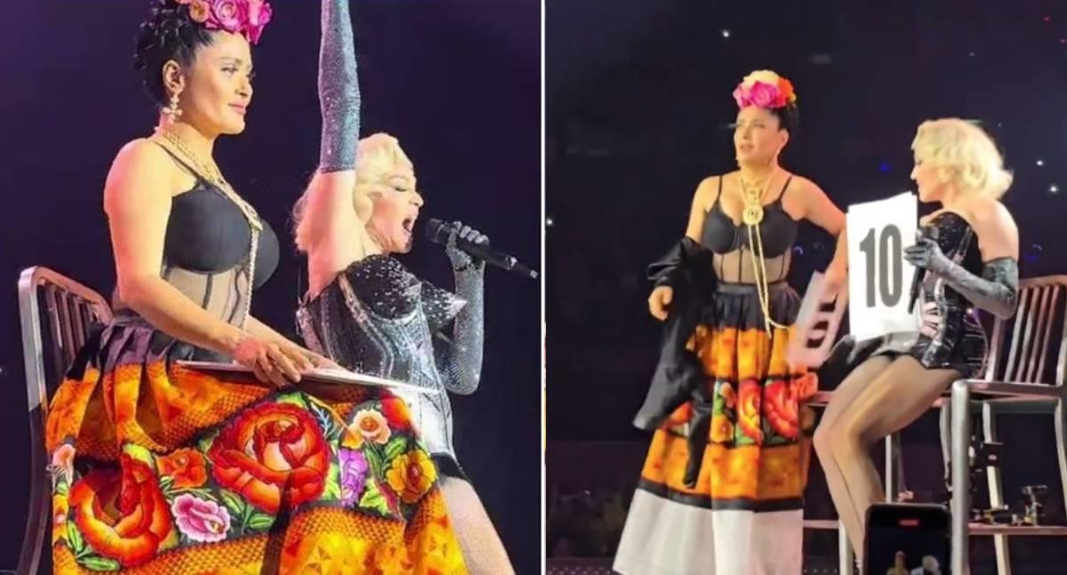 Salma Hayek fue bien recibida por el público que acudió al último concierto de Madonna la noche del viernes en el Palacio de los Deportes en la CDMX. Foto. Capturas YouTube