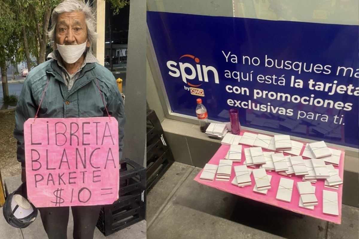 Don Chuy, de 78 años, ofrece libretitas a $10 pesos para salir adelante y ayudar a su esposa de 74 que está enferma de la columna. Foto: Facebook Karla Reyes