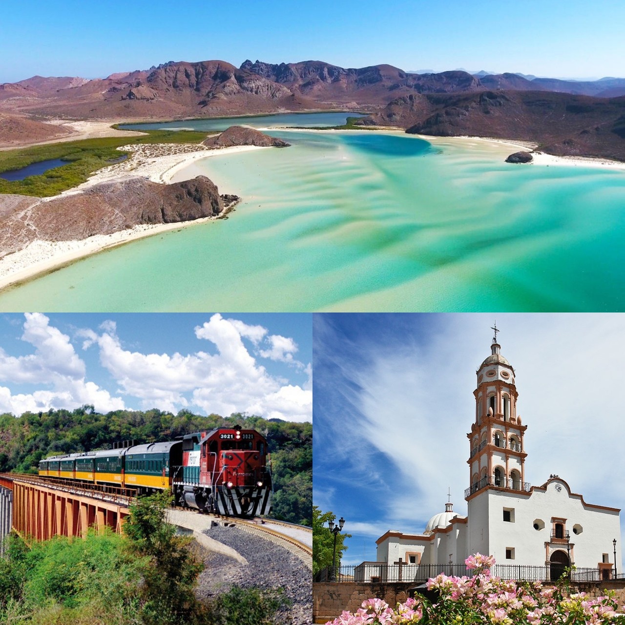 Los tres destinos turísticos de la ruta 'Sierra a Mar'. Playa Balandra, pueblo mágico de Cosalá y tren El Chepe. I Foto: Visita Los Cabos.