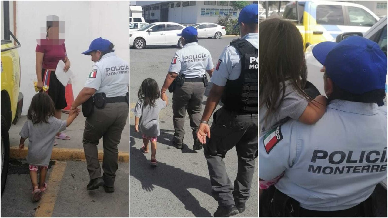 Policías de Monterrey rescatan a menor que se salió de su casa. Fotos. Cortesía