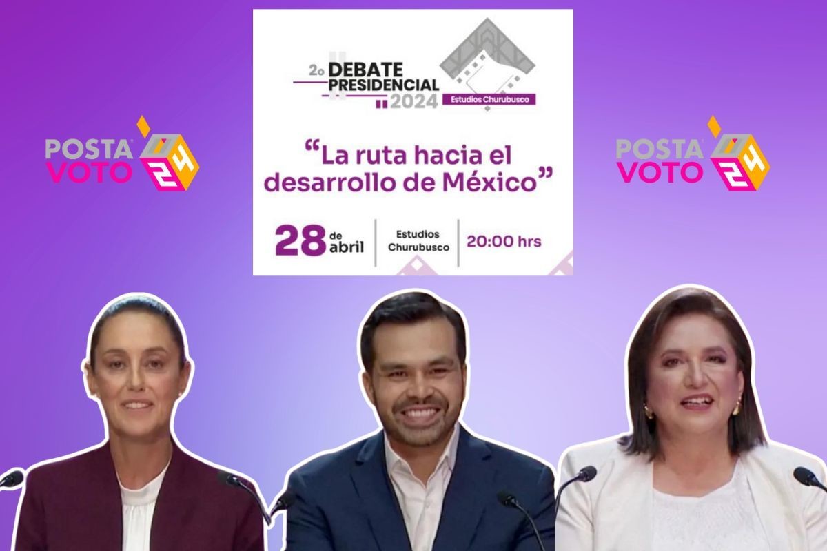 Candidatos a la Presidencia Claudia Sheinbaum, Jorge Álvarez Máynez y Xóchitl Gálvez, letrero del INE. Foto: Especial