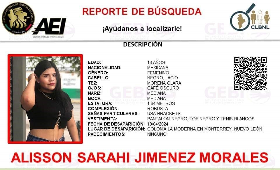 Una adolescente de 13 años identificada como Alisson Sarahí Jiménez Morales fue reportada como desaparecida.