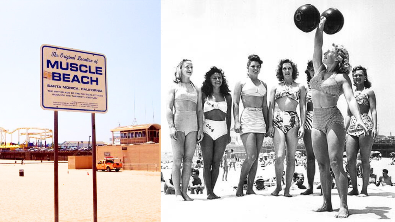 Letrero de bienvenida a Muscle Beach, Pudgy levantando pesas acompañada de mujeres en la playa / Foto: Redes Sociales