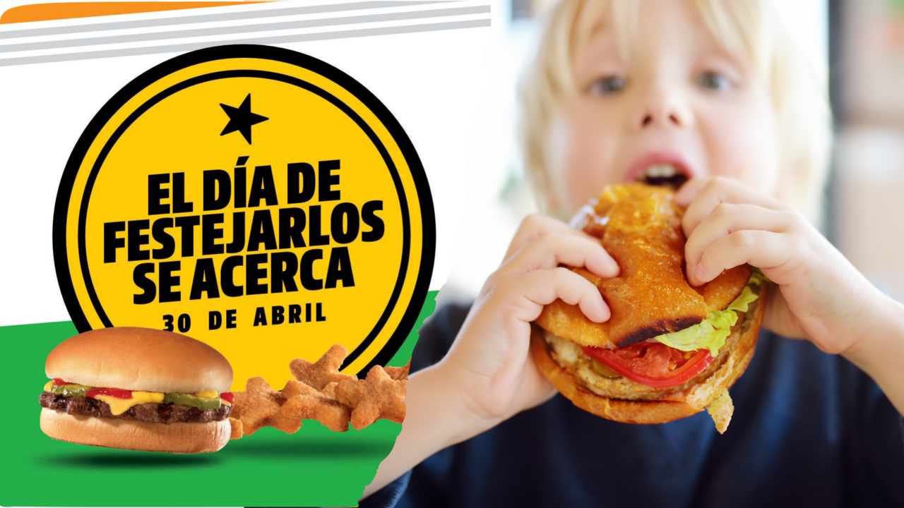Flyer de promoción de Carl´s Jr e imagen ilustrativa de niño comiendo una hamburguesa / Foto: 'X' Carl´s Jr y CANVA
