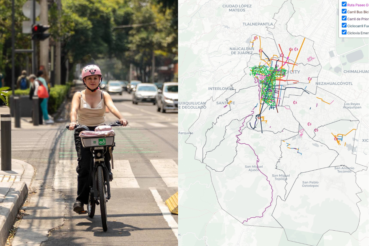 Mapa de ciclovías y una ciclista en CDMX.   Foto: Especial