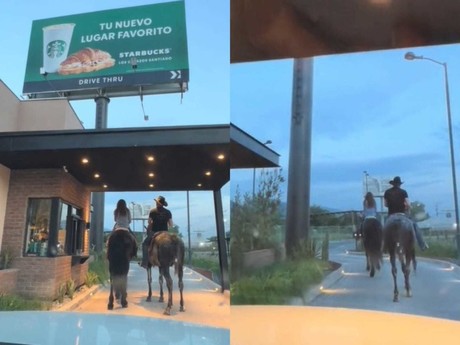 >¡Cita perfecta! Pareja acude a Starbucks montados en Caballo (VIDEO)