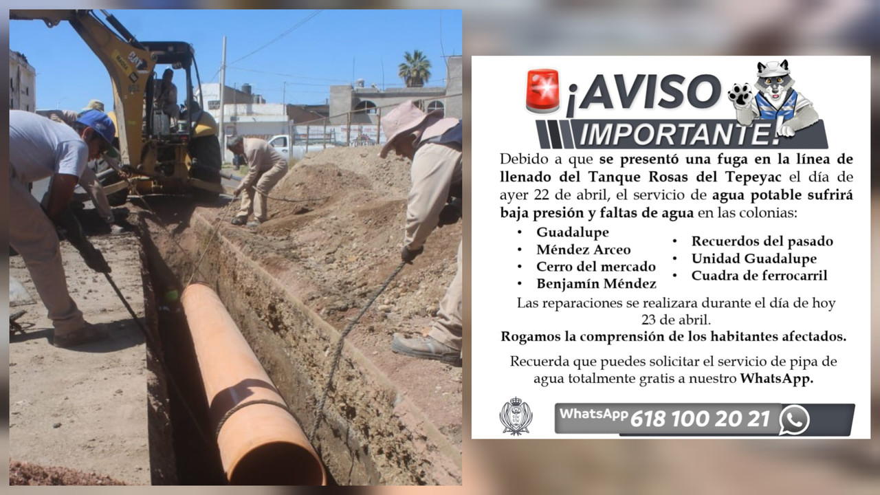 Trabajos de reparación interrumpirán servicio de agua potable, se ruega comprensión. Fotos Aguas del Municipio de Durango en Facebook