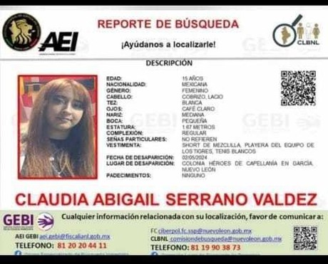 >Buscan a Claudia Abigaíl Serrano  Valdez de 15 años, vive en García