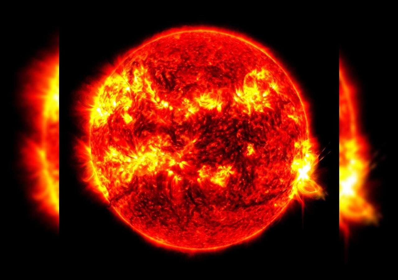 Esta imagen proporcionada por el Observatorio de Dinámica Solar de la NASA muestra una llamarada solar, el brillante destello de la derecha, el martes 14 de mayo de 2024. (NASA/SDO vía AP)