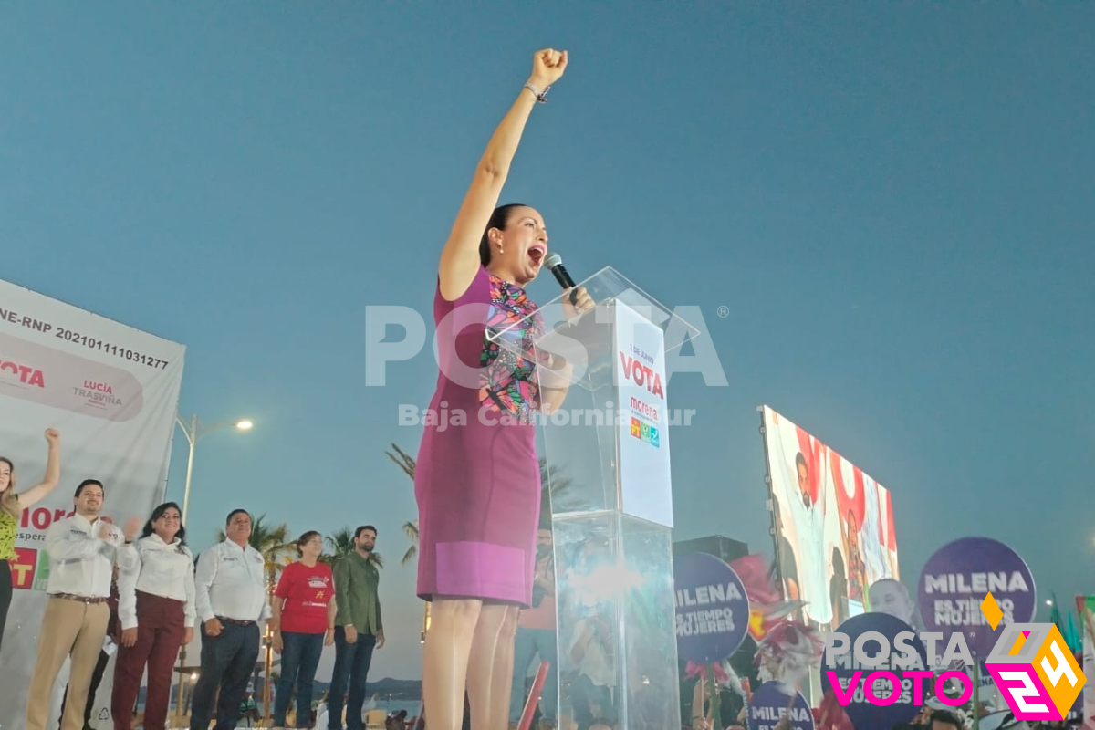 Milena Quiroga cierra campana de la coalición Sigamos Haciendo Historia en Baja California Sur.png. Foto: Joel Cosío / POSTA BCS