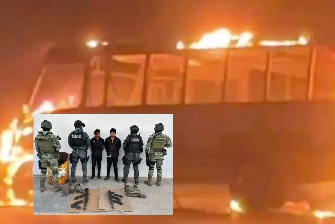 Camión incendiado junto a los detenidos por los policías de Zacatecas. Foto: Canva/El Sol de México.