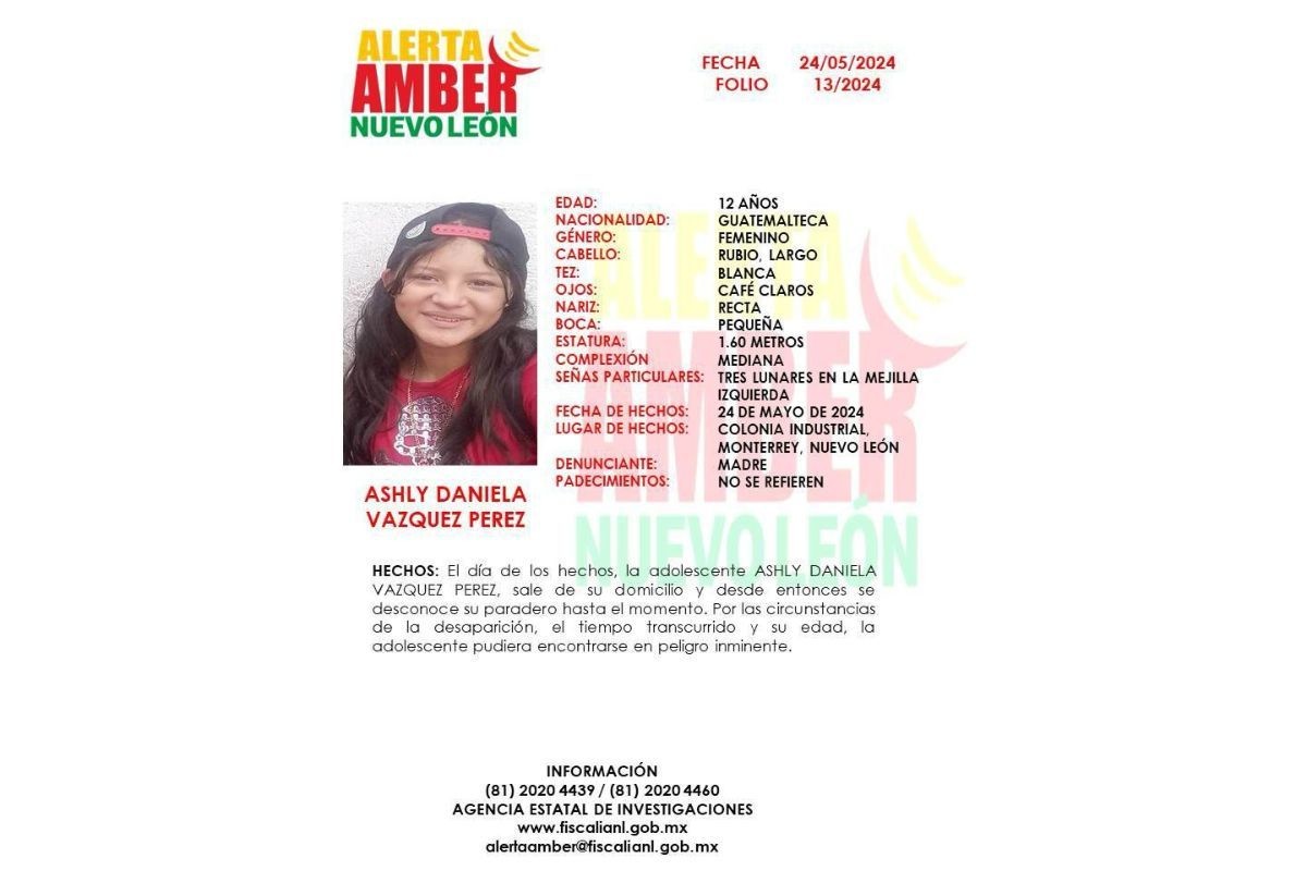 Ficha de Alerta Amber de una menor que es buscada por sus familiares. Foto: Facebook Agencia Estatal de Investigaciones
