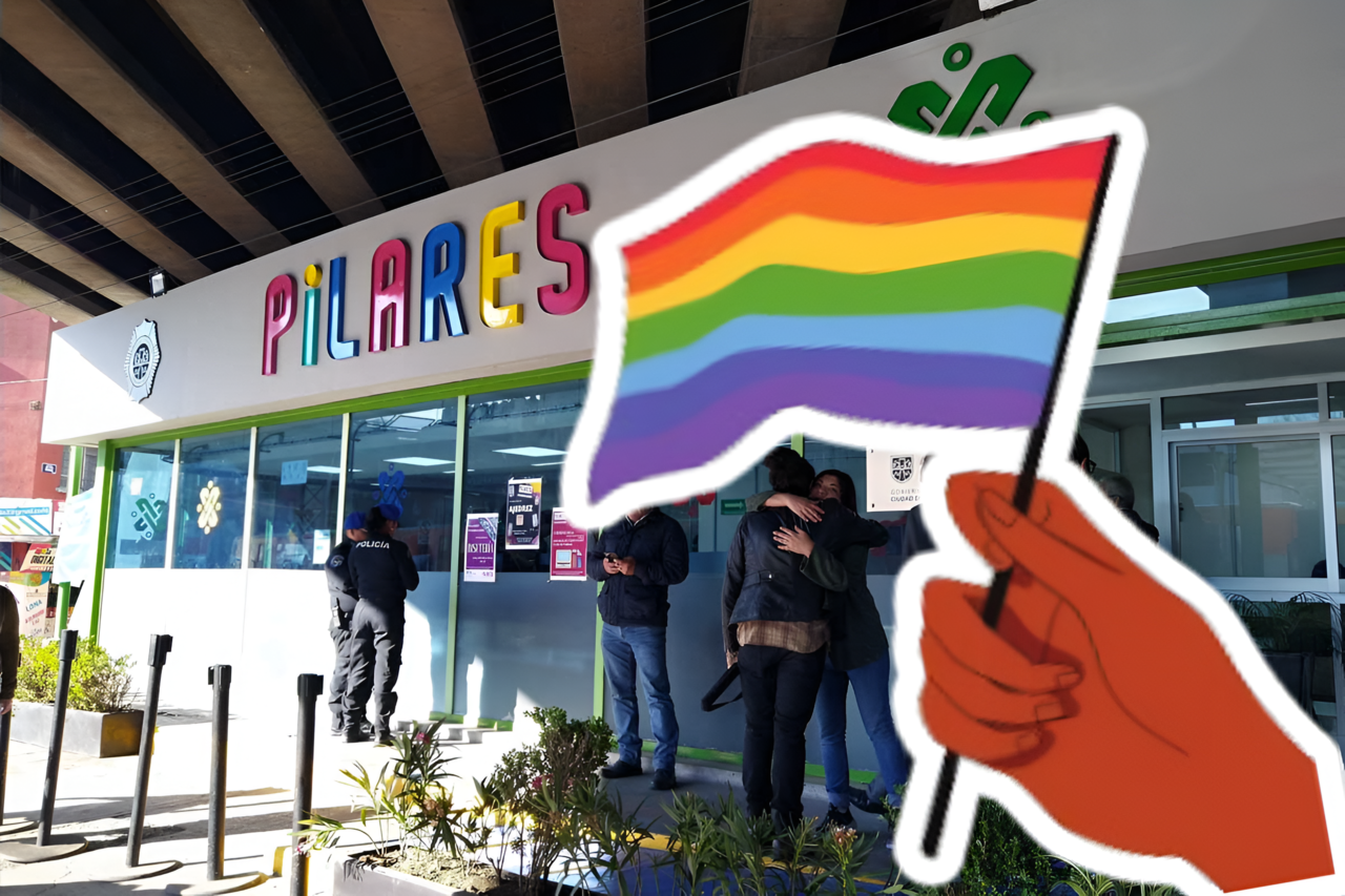 Fachada de PILARES y Bandera LGBT.    Foto: Especial