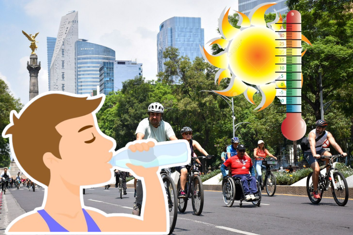 Personas andando en bici, animación de persona tomando agua y termómetro con un sol.   Foto: Especial