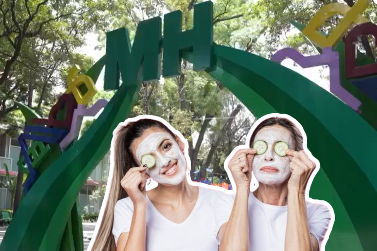 Parque salesiano de MH y mamá e hija con mascarilla.    Foto: Especial