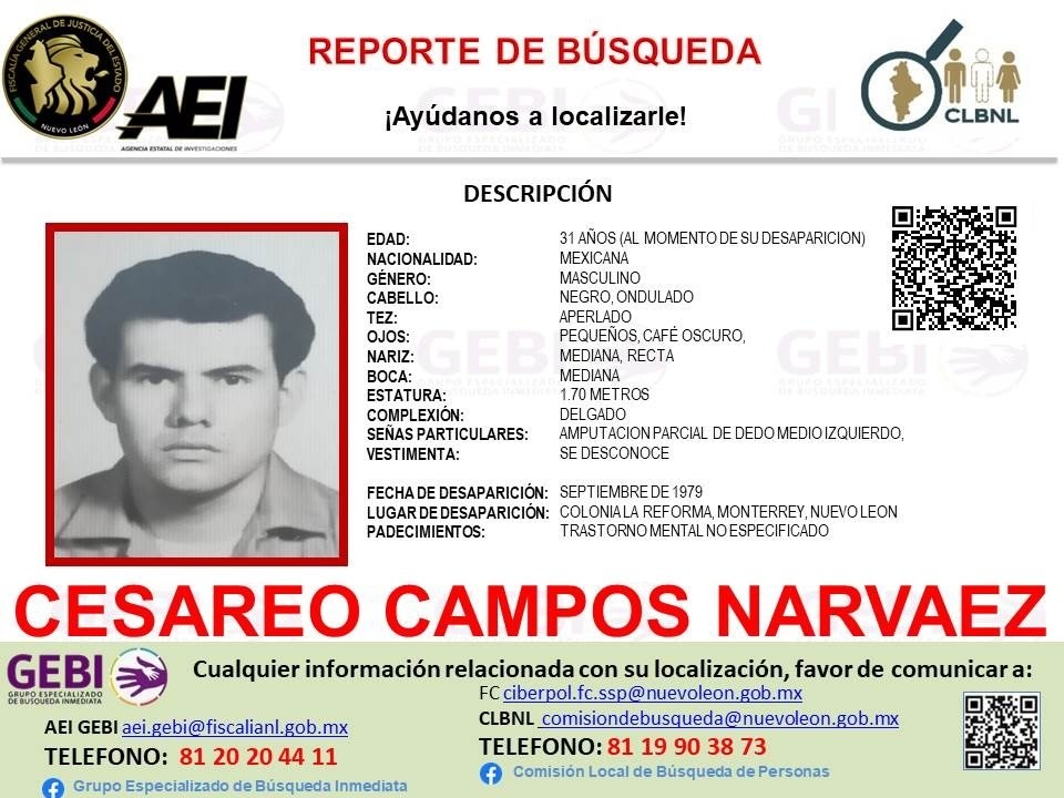 Ficha de búsqueda de Cesáreo Campos que lleva desaparecido desde 1979. Foto: GEBI Nuevo León.