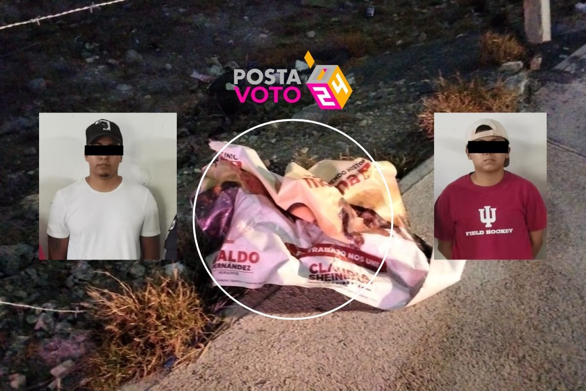 Propaganda de Morena en el suelo y los dos detenidos por el robo de la misma. Foto: Secretaría de Seguridad Pública Santa Catarina