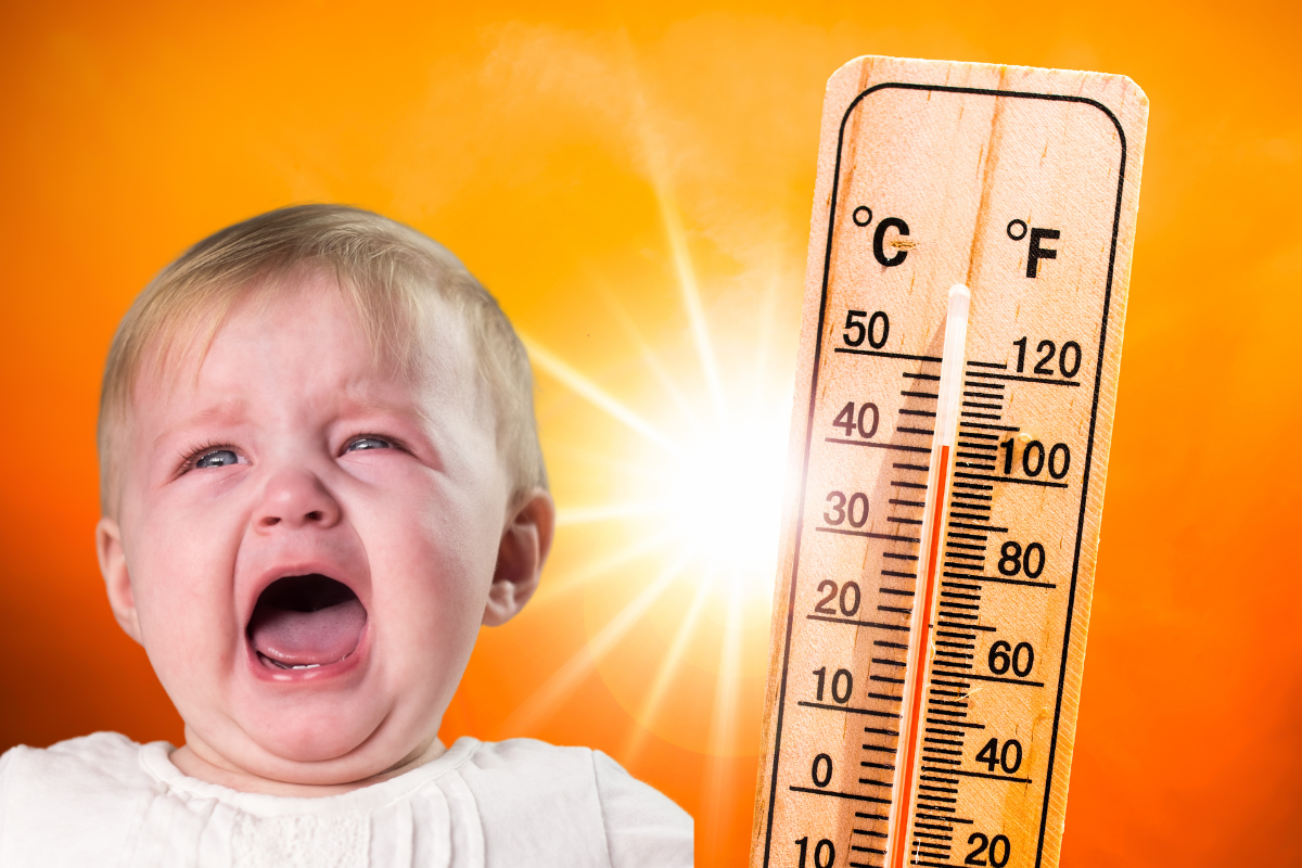 Bebé llorando, de fondo calor con temperaturas altas. Foto: Canva