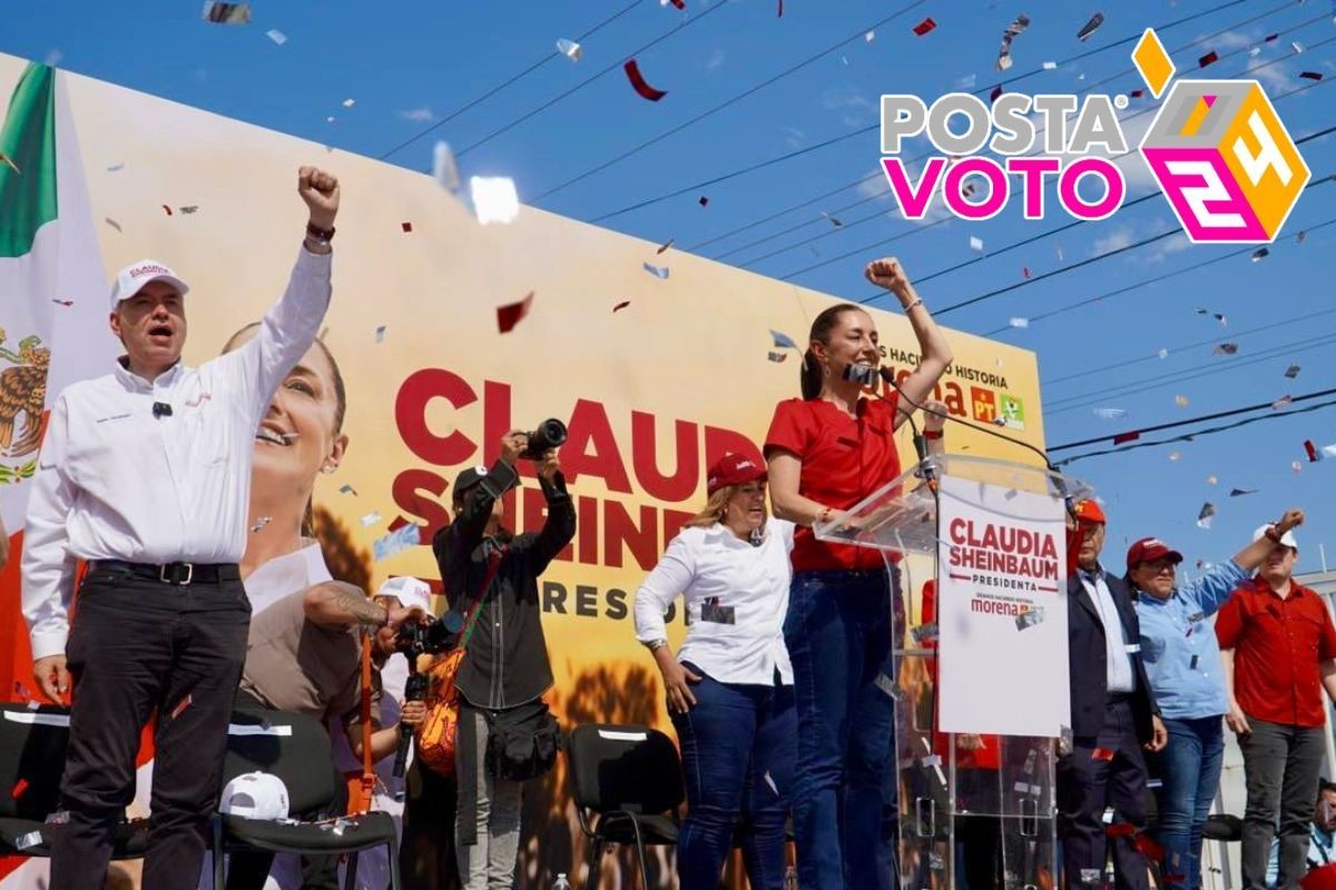 En mitin político los candidatos de Morena, Claudia Sheinbaum, Judith Díaz y Waldo Fernández. Foto: Coalición “Juntos Hacemos Historia por Nuevo León”