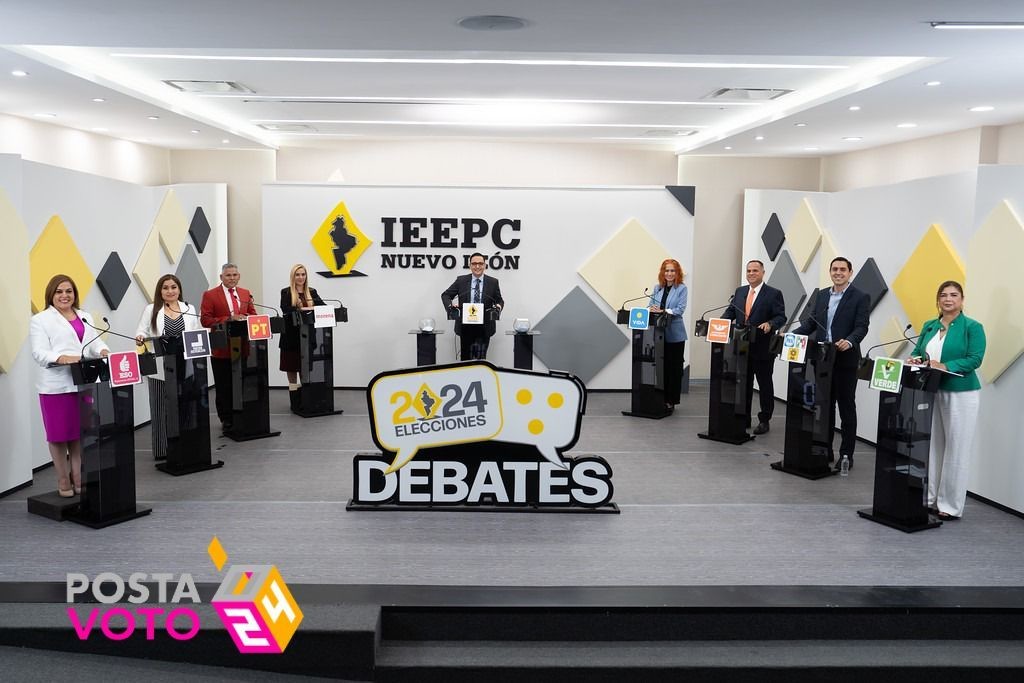 Los candidatos a la alcaldía de Apodaca en el debate oficial organizado por la Comisión Estatal Electoral. Foto: Diego Beltrán