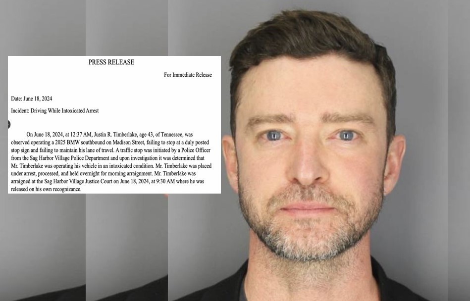 Justin Timberlake liberado tras ser detenido por conducir ebrio en Sag Harbor, Nueva York. Foto. @Clayton_Sandell