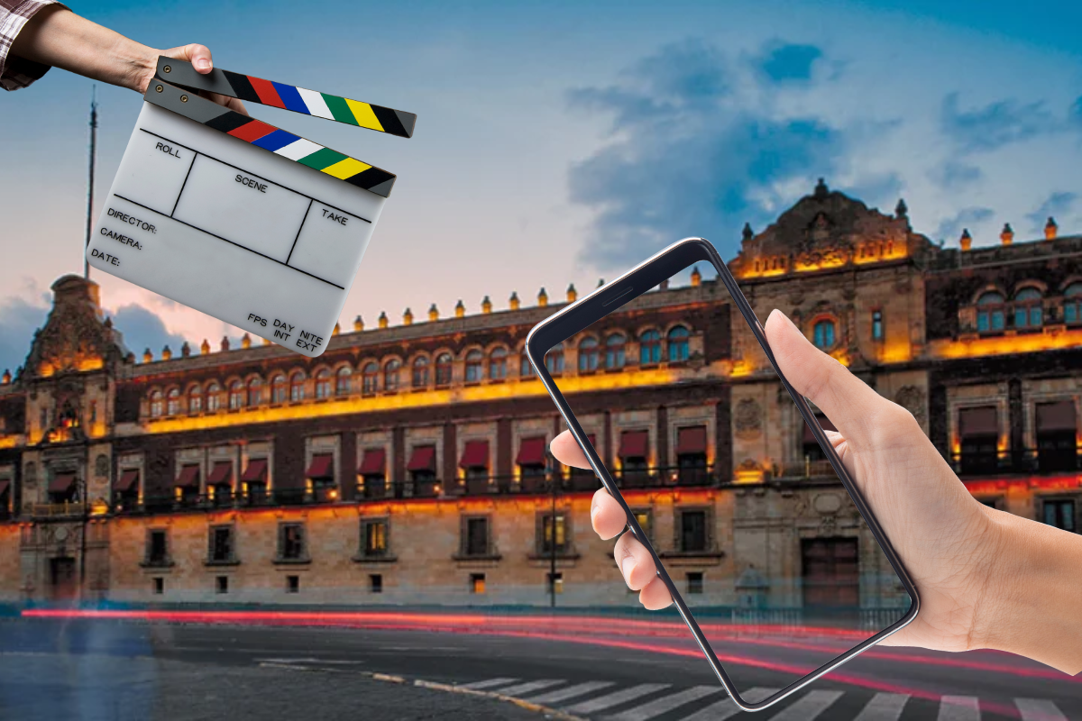 Centro Histórico de la Ciudad de México, claqueta de cine, celular. Foto: Especial