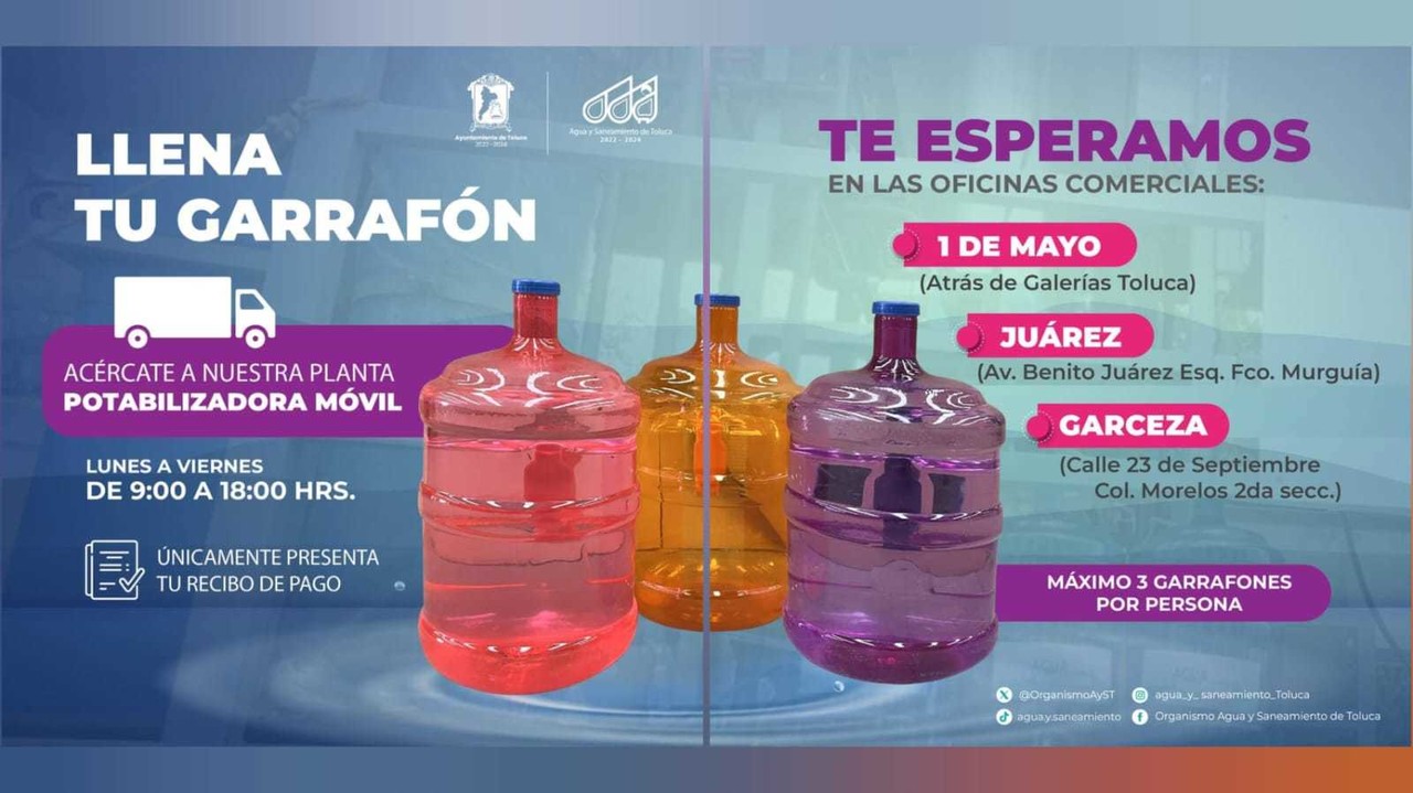 Gobierno de Toluca brinda acceso gratuito al vital líquido: Llenado de garrafones de agua potable. Foto: Organismo Agua y Saneamiento de Toluca 