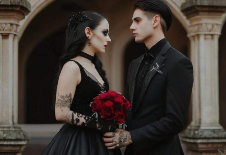 Una pareja en una boda con tématica gótica y oscura. Foto: Tienda Ropa Gotica Heavy Rock Punk