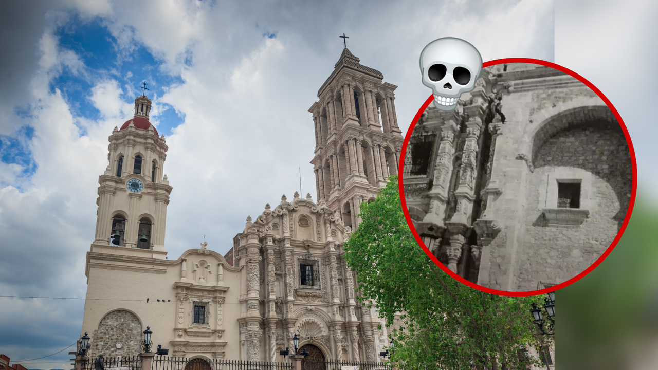 Catedral de Saltillo e imagen de la caída del joven / Foto: CANVA y Adolfo González, fotógrafo de antaño que capturo el momento