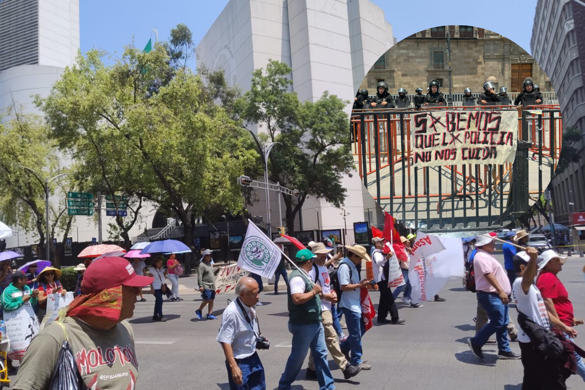 Manifestantes de la CNTE exigiendo resoluciones, cartel en Palacio Nacional. Foto: Ramón Ramírez