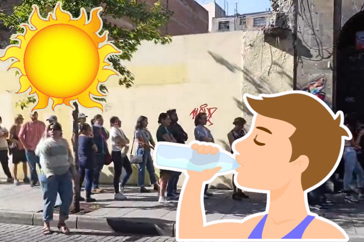 Fila para votar en casilla e ilustraciones de sol y persona tomando agua.   Foto: Especial