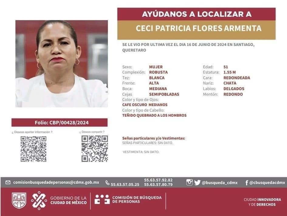Reportan como no localizada a Ceci Flores, madre buscadora de Sonora, en Ciudad de México. Foto: Comisión de Búsqueda de Personas Desaparecidas CDMX