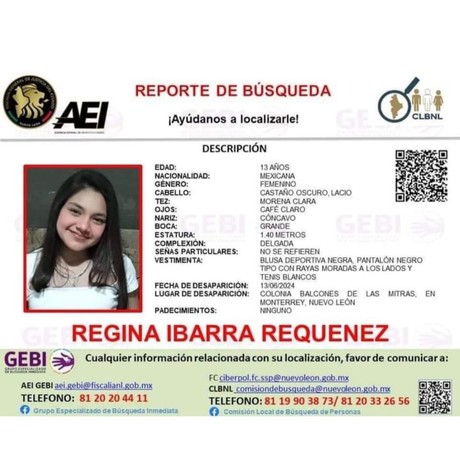 Desaparece Regina Ibarra Requenez, emiten reporte de búsqueda