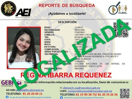 Localizan a Regina Ibarra Requenez tras reporte de desaparición