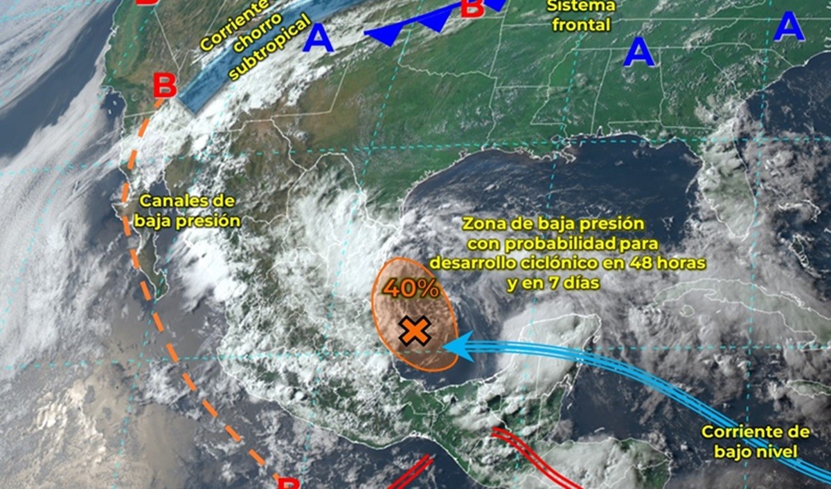 Las condiciones descritas serán generadas por una zona de baja presión con probabilidad de desarrollo ciclónico sobre el occidente del Golfo de México, la cual se desplazará hacia las costas de Tamaulipas y Veracruz. Foto: X @conagua_clima