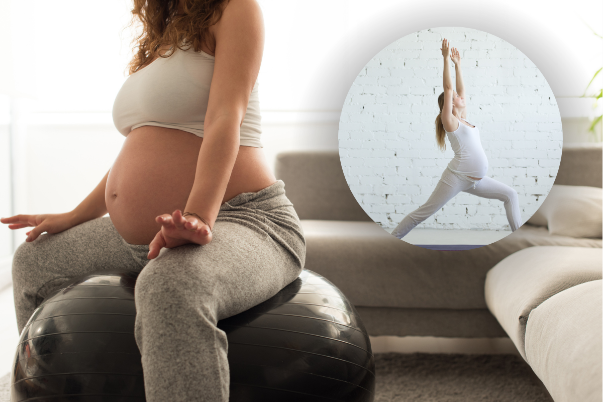 Mujer embarazada haciendo ejercicio con pelota / Foto: CANVA