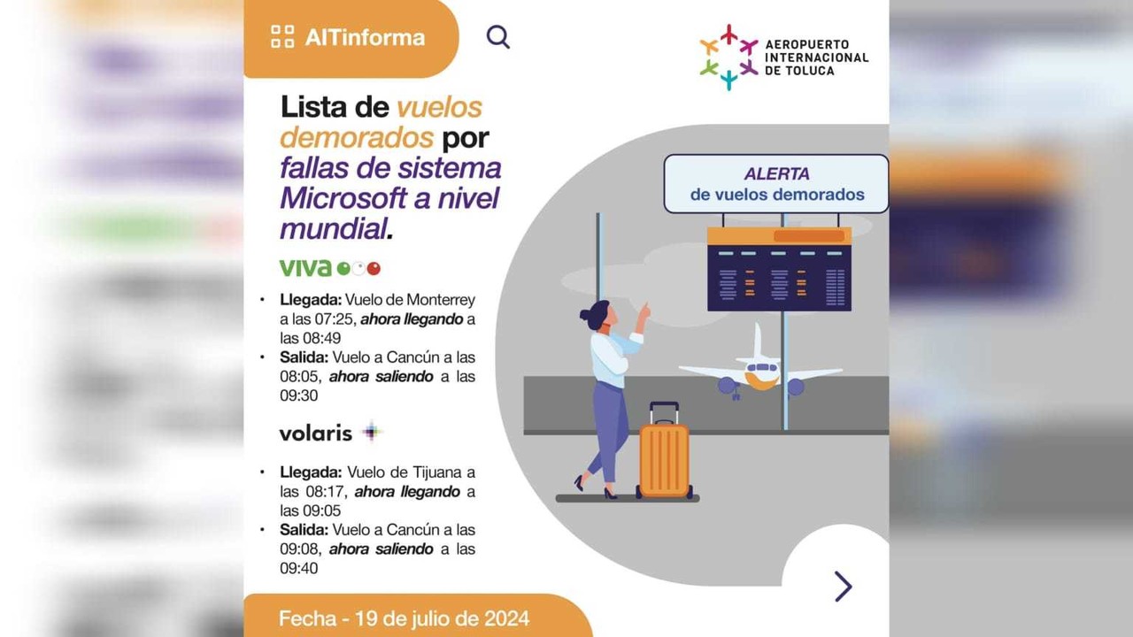 Apagón informático también afecta vuelos en Aeropuerto de Toluca. Foto: @AIT_MX