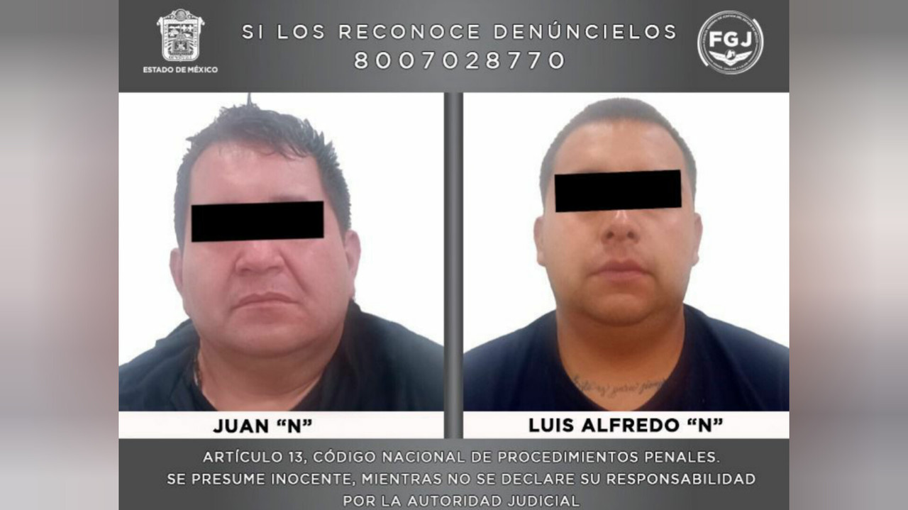 Luis Alfredo “N”, alías “Fredy” y Juan “N”, alias “El Oso”, se les investiga por otros delitos de alto impacto como secuestro, robo a transporte y extorsiones a comercios. Foto: FGJEM