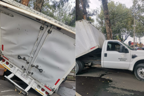 Contenedor de camioneta se atora con árbol y termina destrozada en Tlalpan