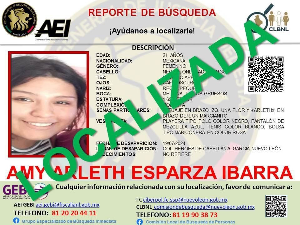 Ficha de búsqueda de Amy Arlet Esparza, tras haber sido encontrada con vida. Foto: AEI.