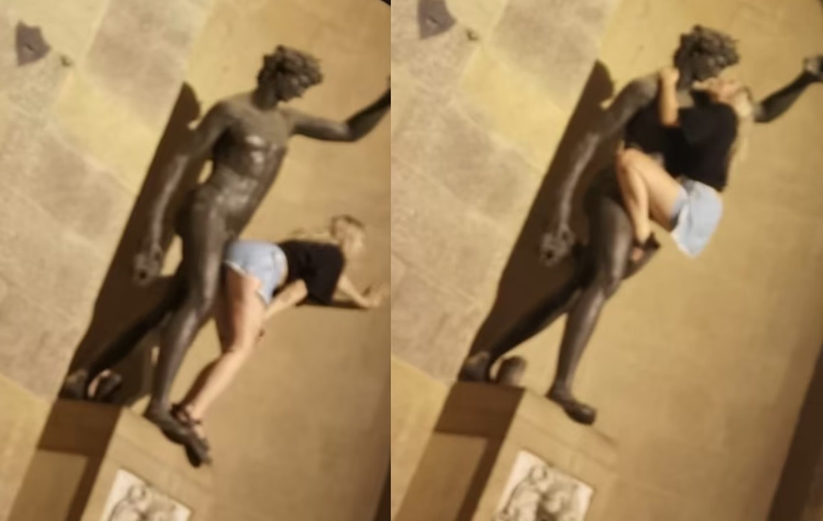 Una turista simuló tener relaciones sexuales con una estatua del dios romano Baco en Florencia, Italia. Foto: X @cansadaya80