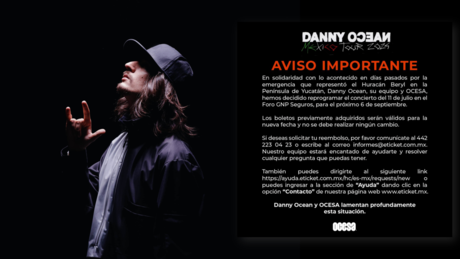 Danny Ocean pospone su concierto en Mérida por el paso del huracán Beryl