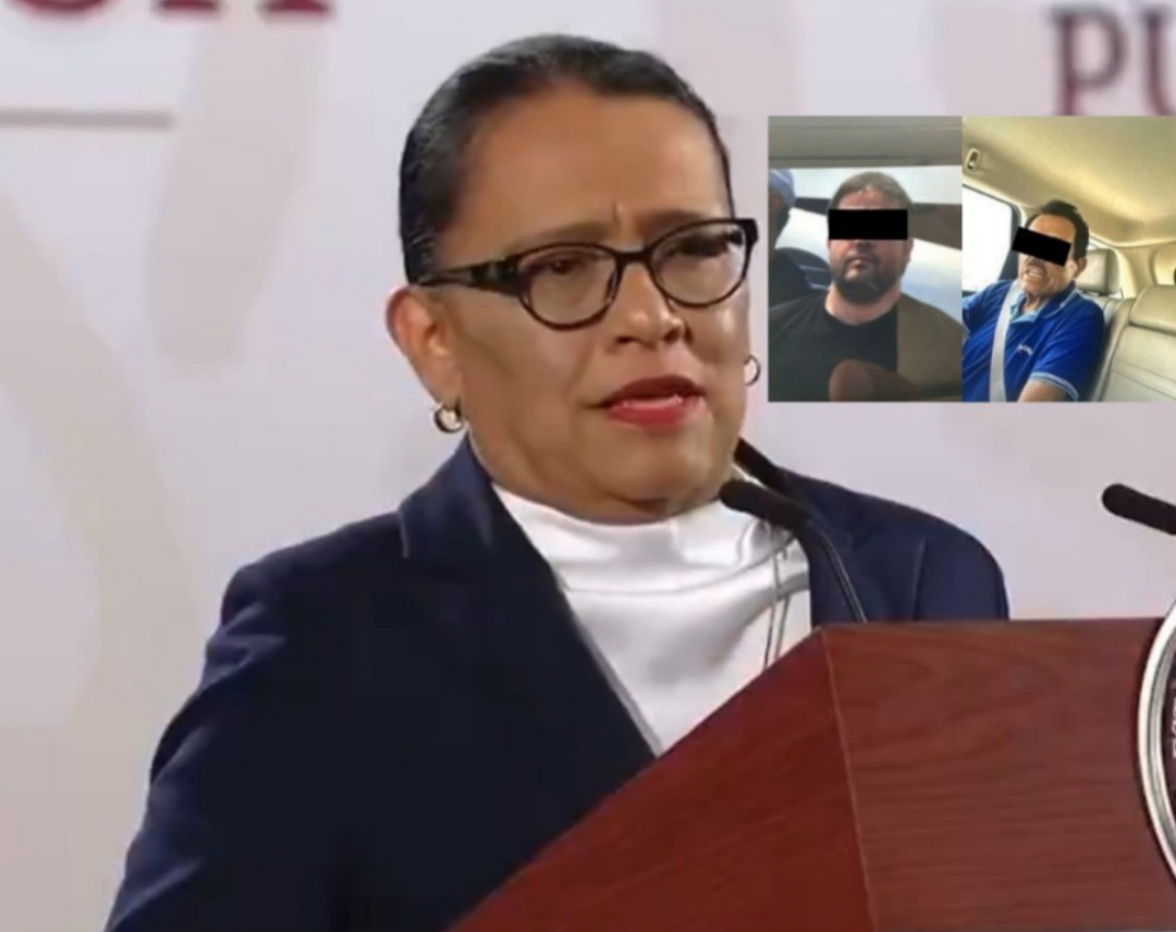 Rosa Icela Rodríguez en conferencia de prensa, junto a las fotos que se dieron del Joaquín Guzmán López e Ismael 'Mayo' Zambada. Foto. Canva.