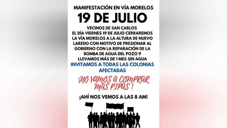 Vecinos de San Carlos anuncian manifestación en Vía Morelos por falta de agua
